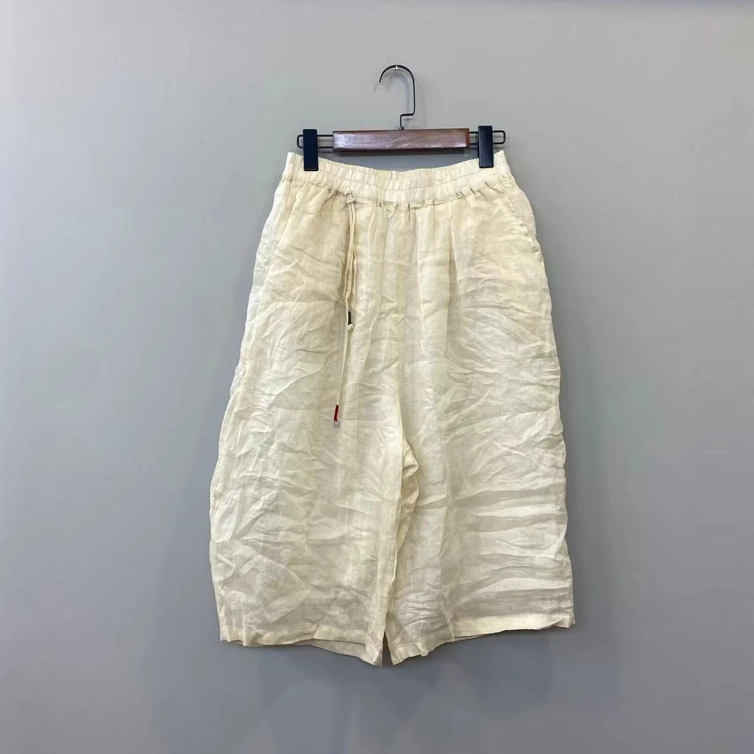 【夏季】纯色双层苎麻休闲松紧腰复古透气白色宽松带流苏抽绳直筒裤