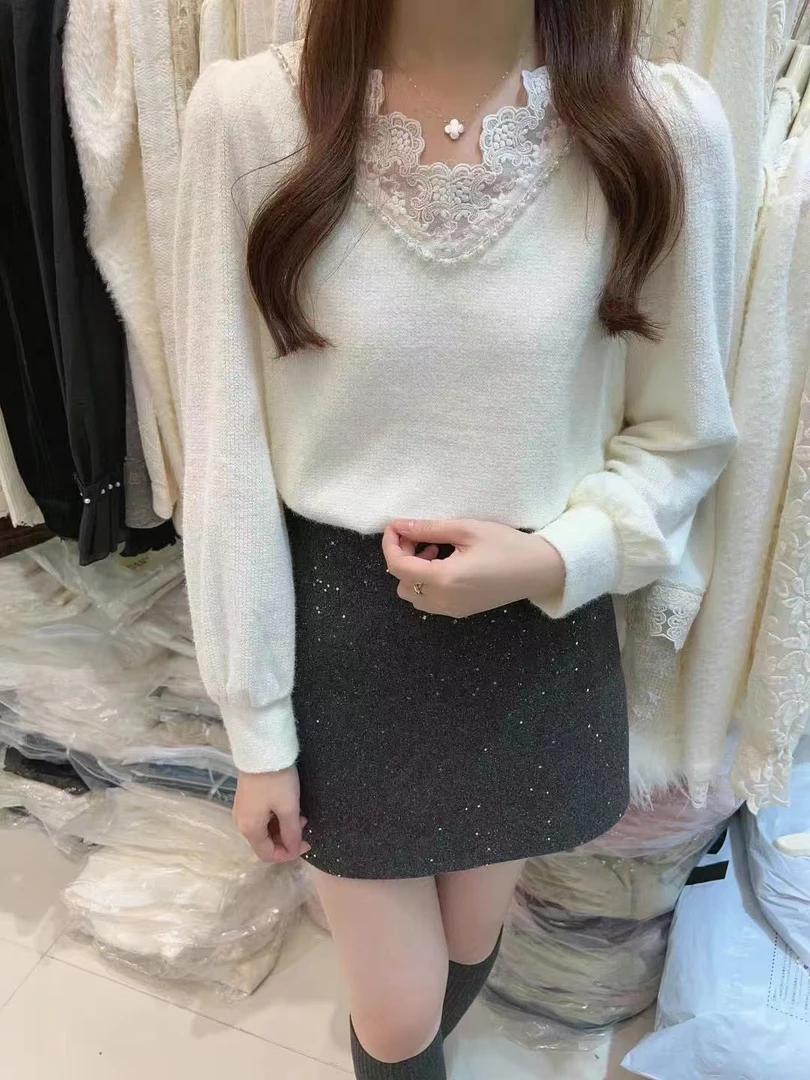 （小清家）秋冬加厚拼接钉珠上衣