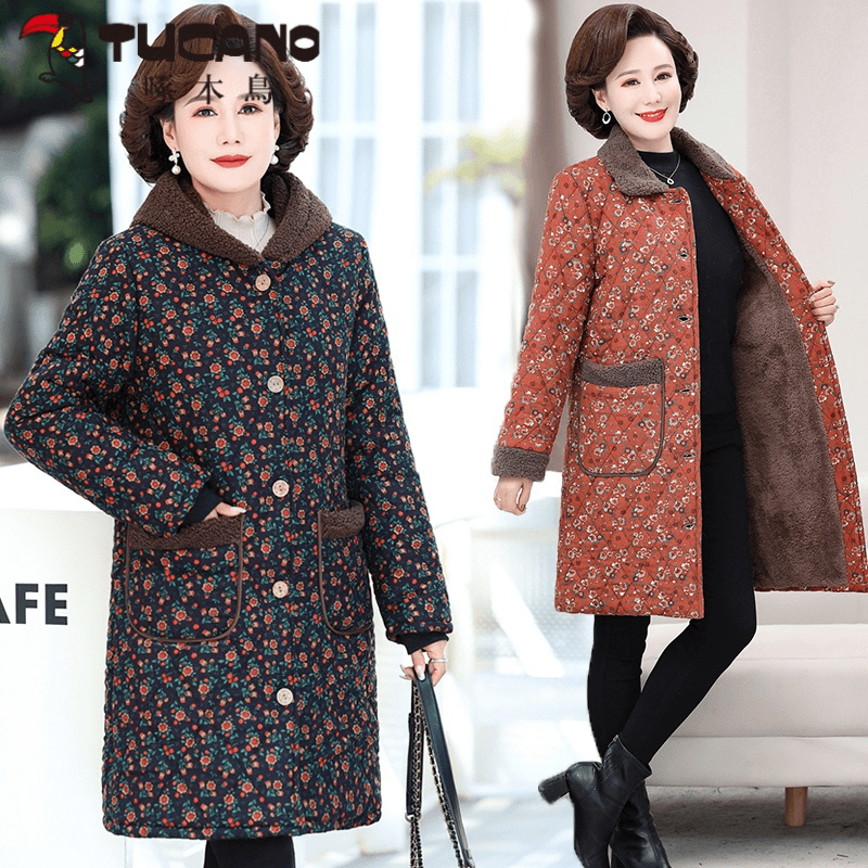 中老年妈妈装时尚中长款加绒加厚外套碎花棉衣保暖大码连帽棉袄洋