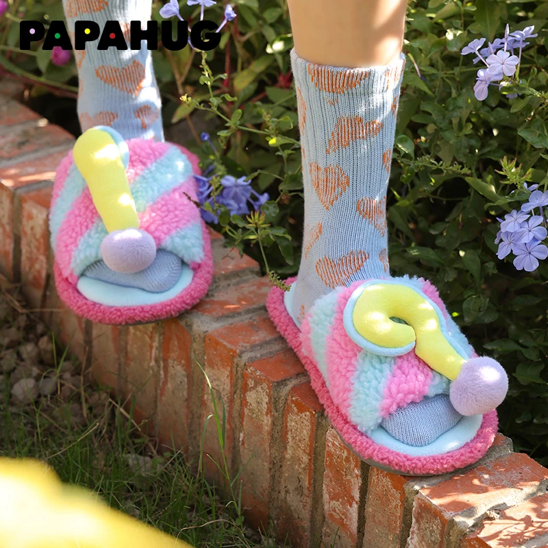 PAPAHUG 条纹符号拖鞋男女款秋冬季节室内家居毛绒情侣拖鞋可外穿