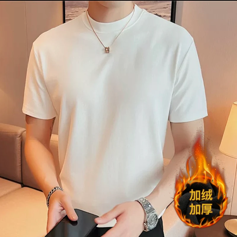 加绒加厚短袖t恤男冬季厚实保暖打底衫男士圆领内搭外穿半袖上衣
