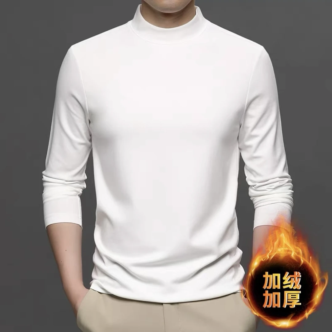 450克重磅加绒加厚半高领打底衫男冬季保暖纯色修身中领长袖T恤男
