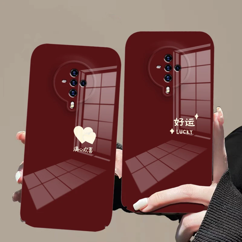 适用于【vivos6】菲林亮面酒红色好运满心欢喜全包手机壳