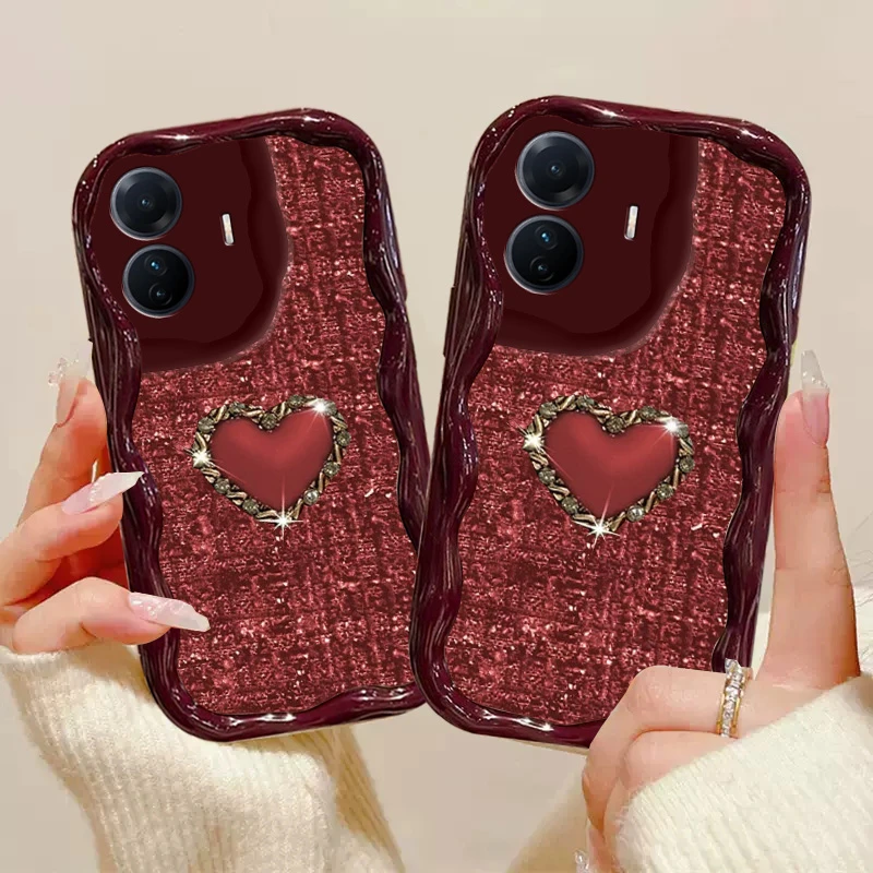 适用于【vivos15e】奶油纹编织金属爱心全包镜头保护手机壳