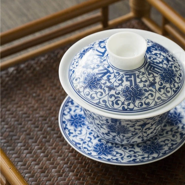 【妃玲】青花图案贴花中式瓷盖碗茶125ml茶具泡茶碗三才茶盖碗带盖