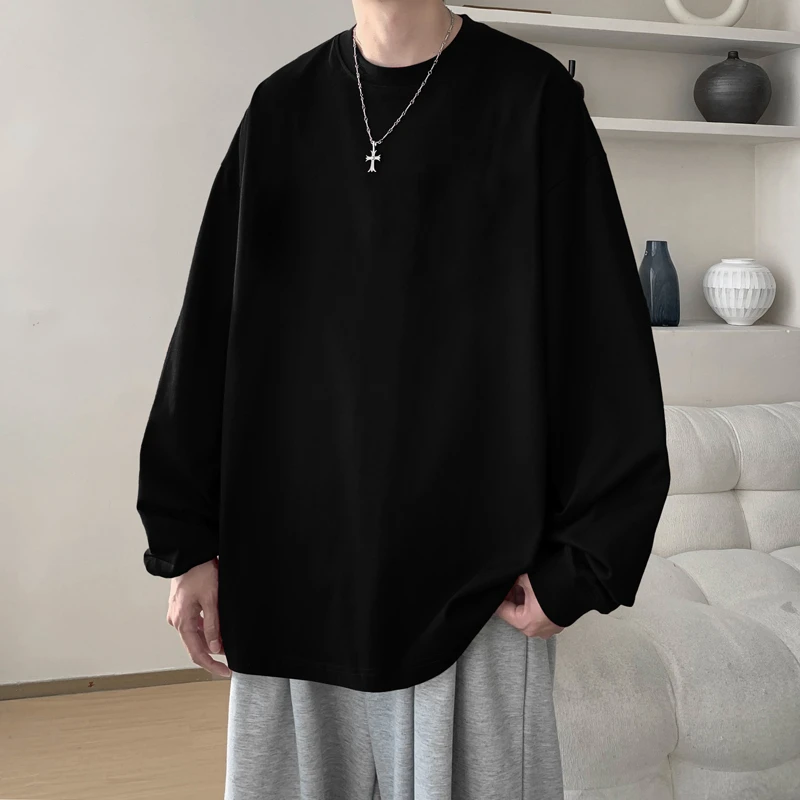 重磅长袖t恤男款春秋纯棉内搭美式复古小众潮牌纯色重磅打底衫ins