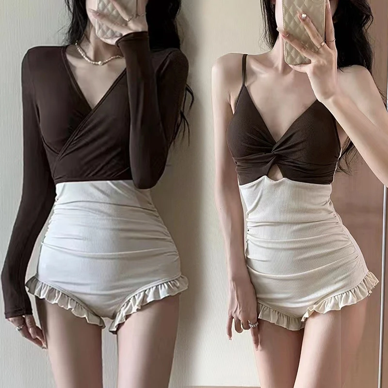 连体泳衣女夏新款长袖两件套晒遮肚显瘦保守高级感度假温泉泳装