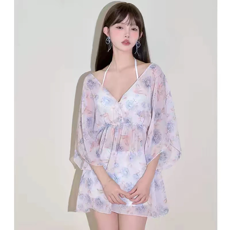 泳衣女三件套2025新款连体泳衣显瘦遮肚露背ins收腰碎花气质泳装