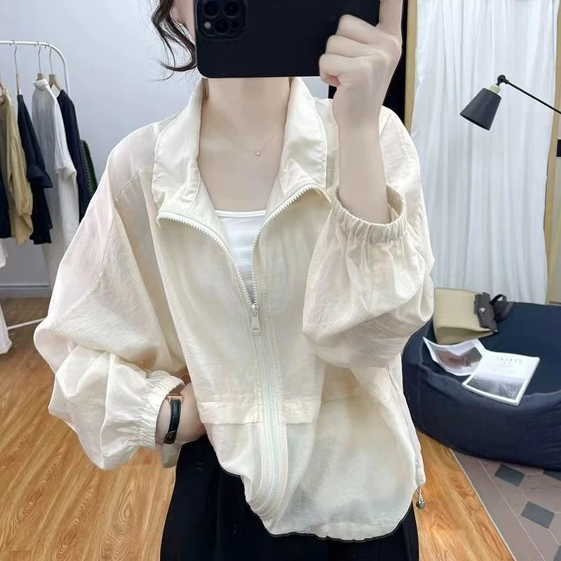 夏季轻薄立领防晒衫女宽松透气防紫外线短款开衫外套