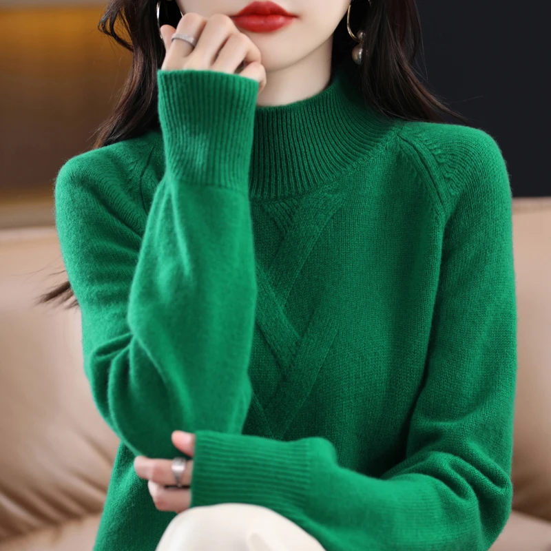 【100纯羊毛】秋冬款席编加厚羊毛衫女士半高领气质百搭毛衣打底衫