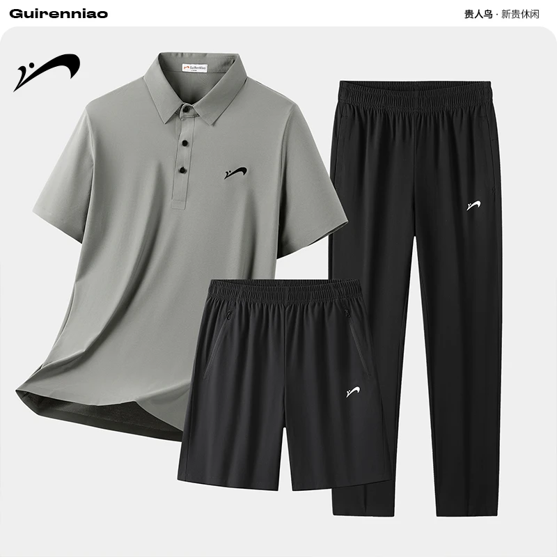 贵人鸟跑步运动服男士夏装套装宽松透气薄款冰丝裤子polo衫两件套