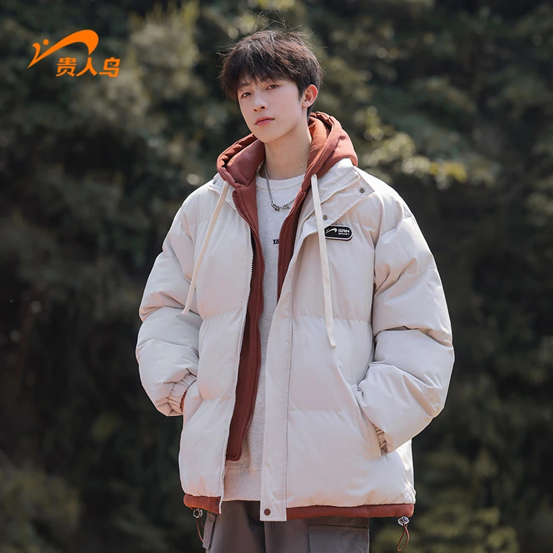 贵人鸟男生冬季外套连帽假两件棉服男款冬季加厚保暖情侣防寒服