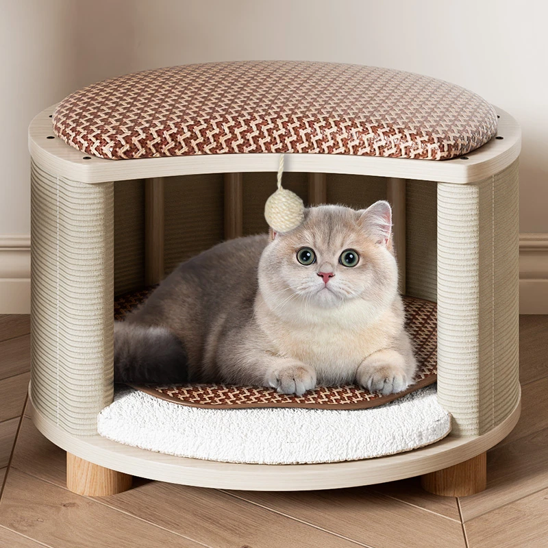 四季通用猫窝凳子人猫共用封闭小幼猫屋房子实木夏天凉席冬季保暖