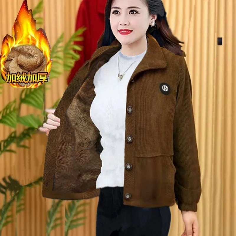 秋冬新款高档百搭时尚加绒加厚短外套中年妈妈装宽松显瘦遮肚外搭