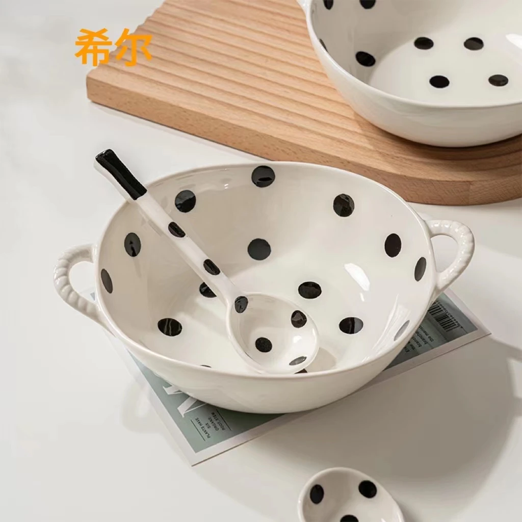 赫本风餐具ins简约黑白波点异型碗创意家用陶瓷汤碗
