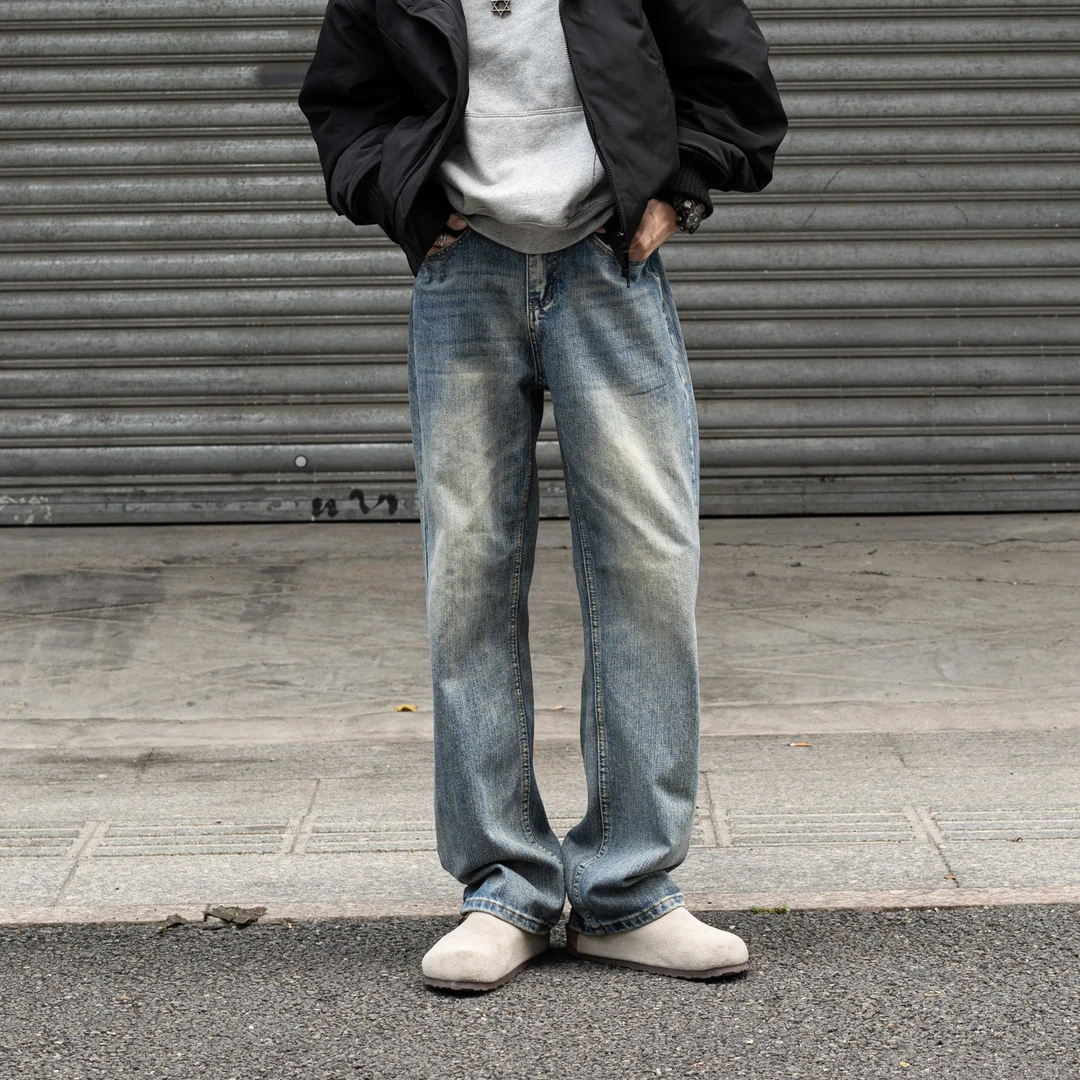 cleanfit 517版型竹节纹巴黎直筒拖地男女同款vibe休闲宽松牛仔裤