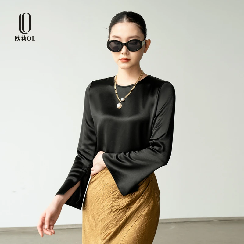【欧莉原创手工定制】重磅日本三醋酸缎面丝滑藏肉喇叭袖显瘦女上衣