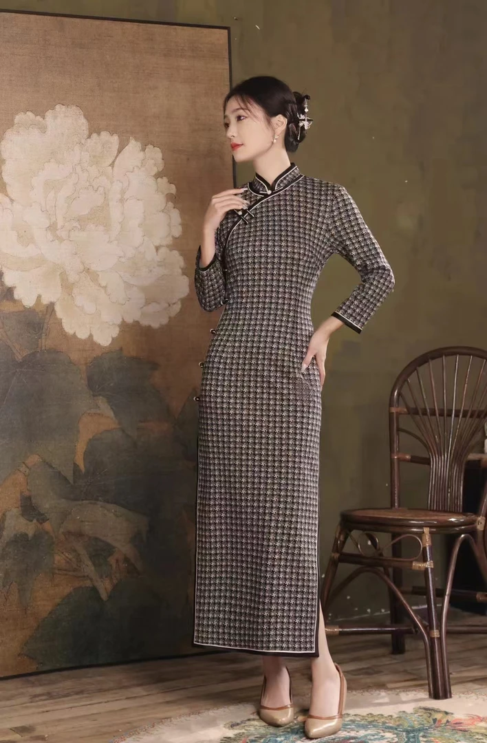 千鸟格 经典秋冬日常气质文艺国风复古旗袍