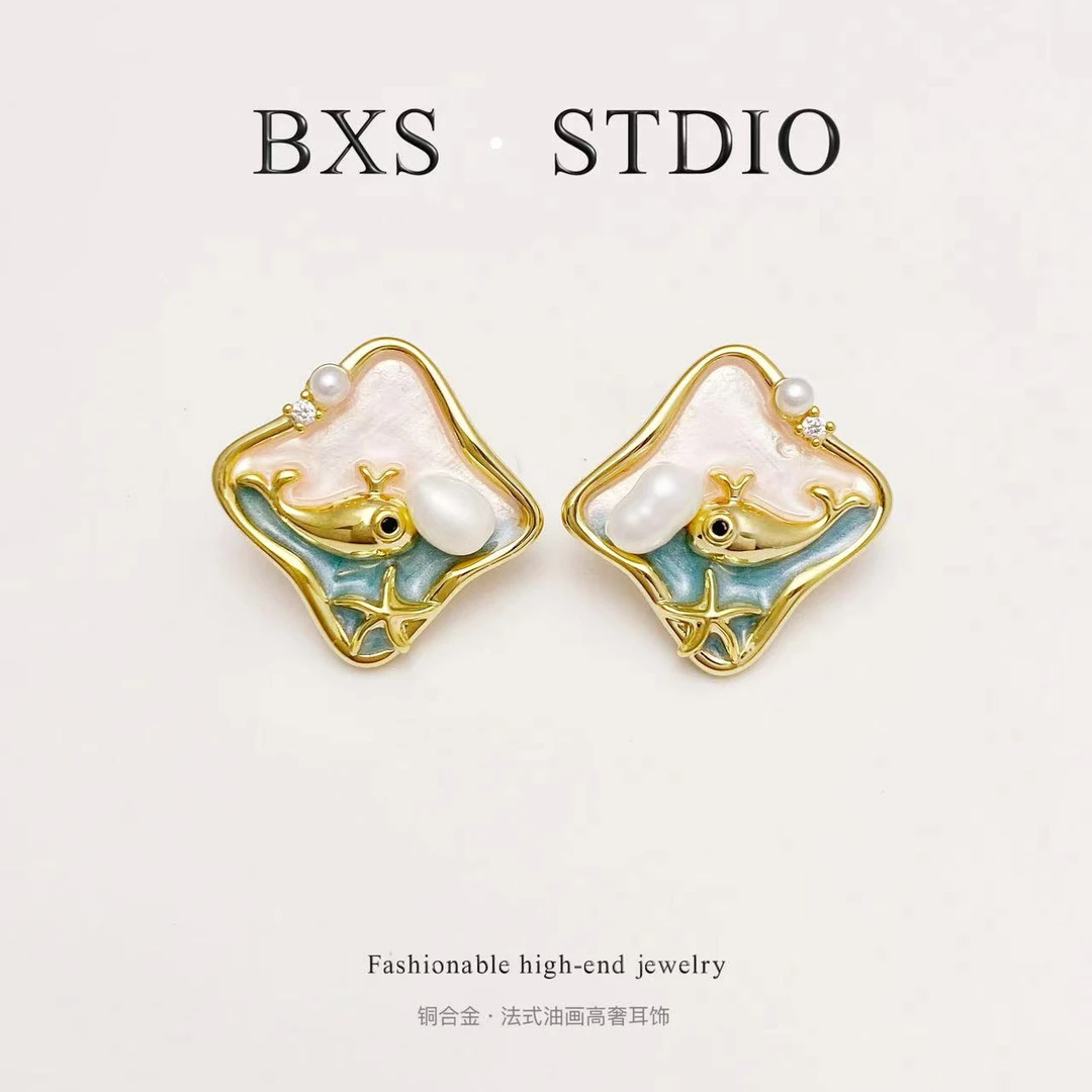 铜合金珐琅耳饰 BXS - 法式高奢油画海豚耳钉