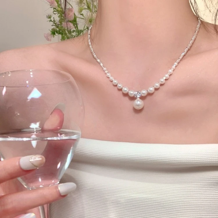 铜合金仿珍珠吊坠 爆款碎银子珠珠项链锁骨链