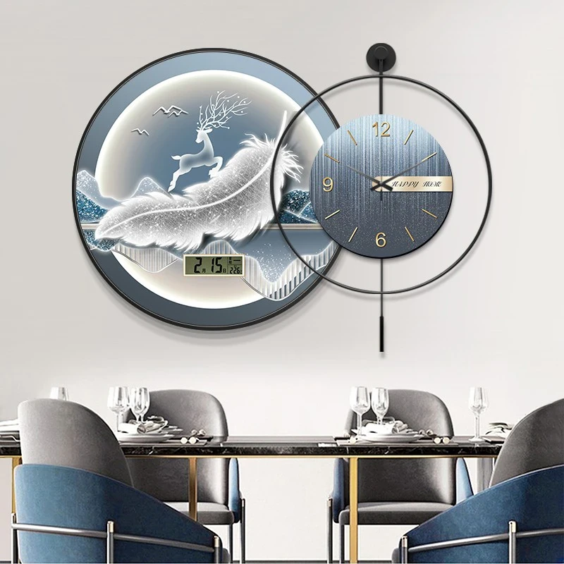 现代简约餐厅装饰画轻奢麋鹿挂钟客厅时钟万年历圆形挂画静音钟表