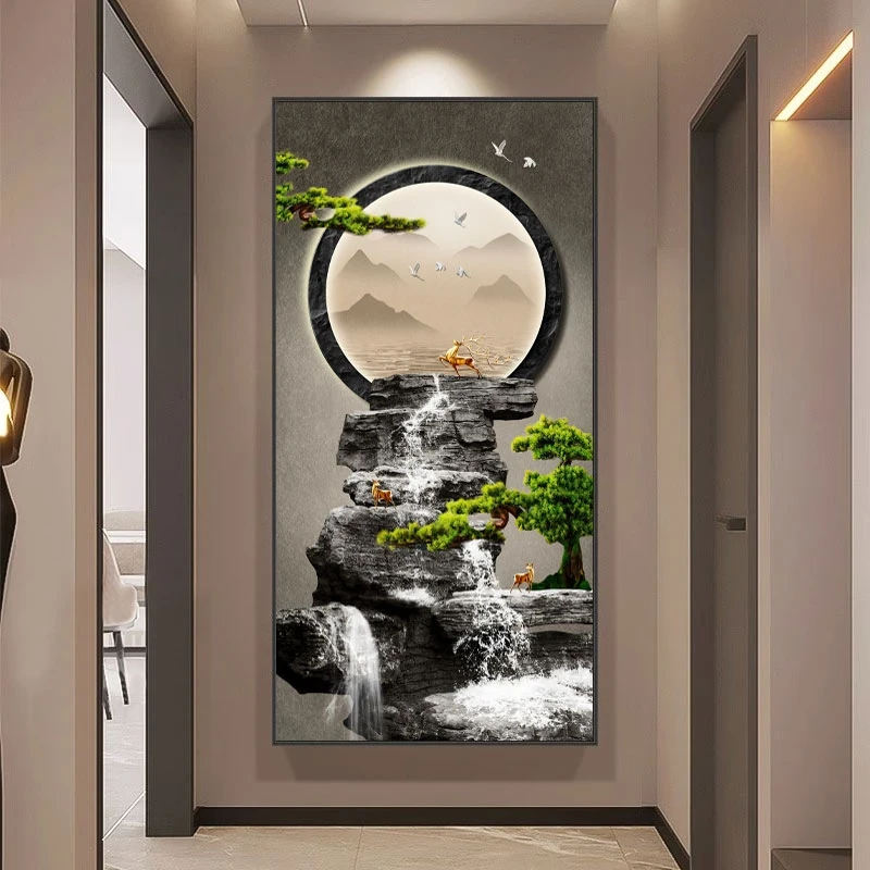 入户玄关装饰画新中式走廊过道挂画轻奢竖版玄幻背景墙正对门壁画