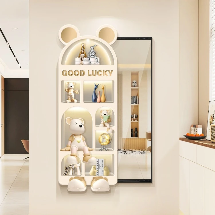 潮流熊暗藏式全身镜玄关装饰画奶油风隐形推拉穿衣镜高档镜子挂画