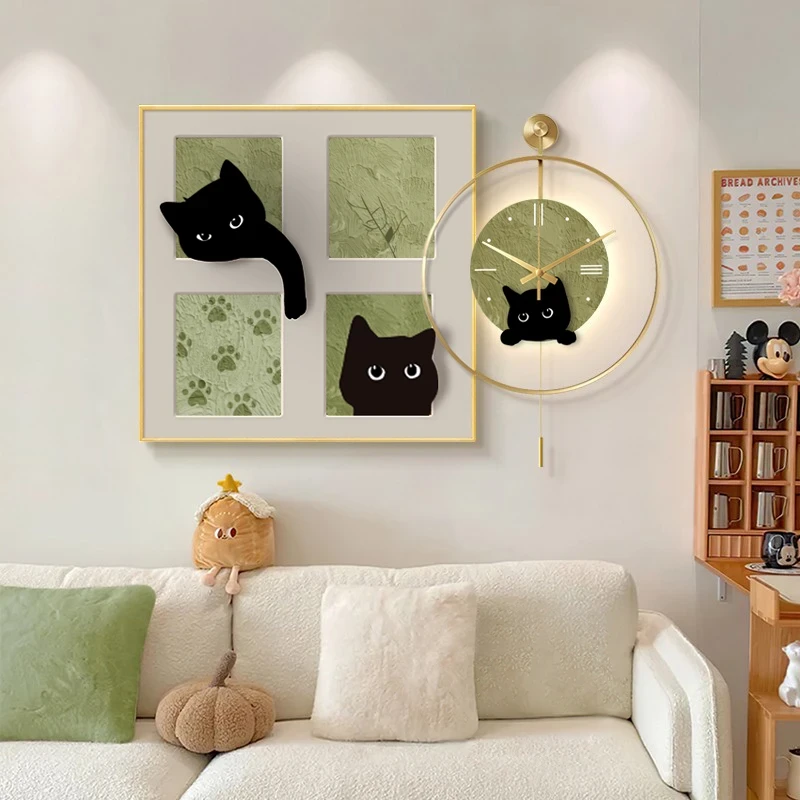 奶油风餐厅钟表装饰画猫咪挂画餐桌挂钟现代侘寂风简约客厅带灯画