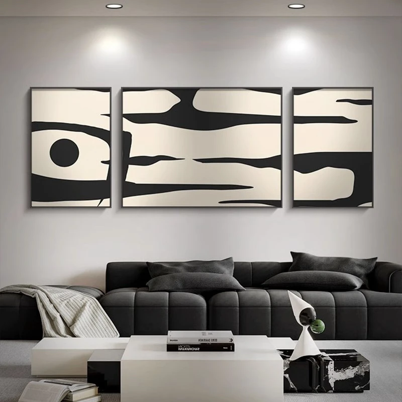抽象黑白灰客厅装饰画意式极简三联壁画高级感艺术沙发背景墙挂画