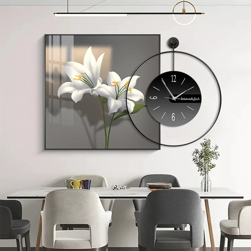 心愿百合餐厅装饰画现代简约时尚创意钟表壁画客厅餐桌背景墙挂画