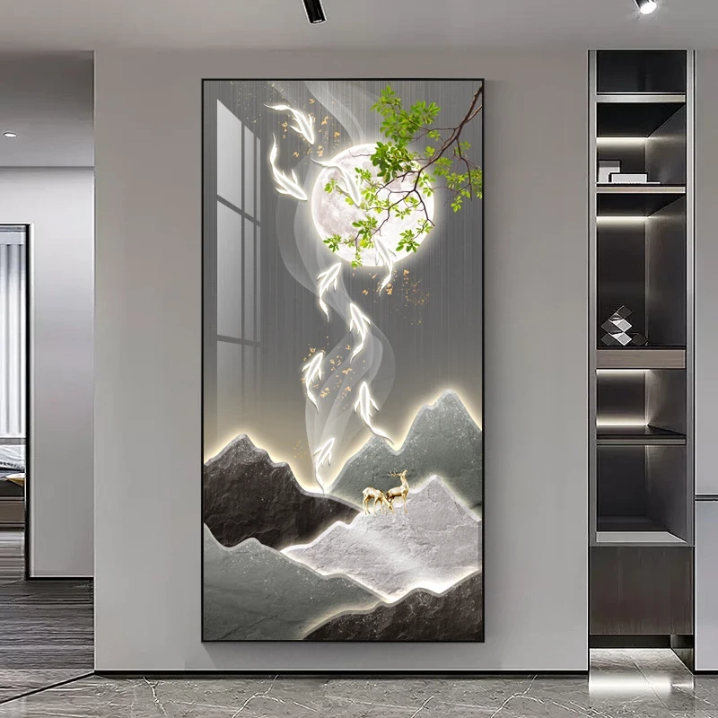 走廊过道入户玄关九鱼福鹿图立体感晶瓷面装饰画大气艺术防水挂画