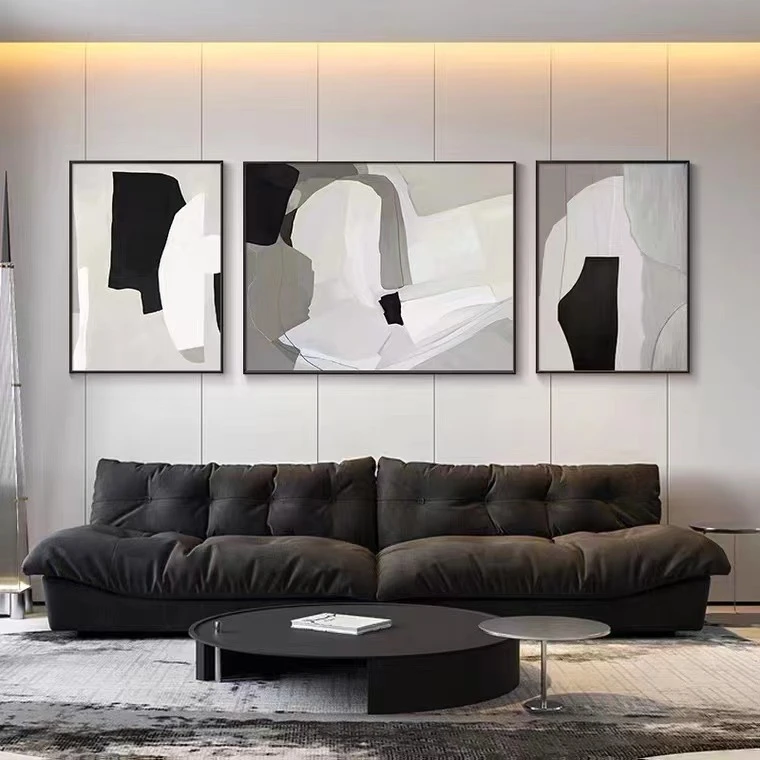 现代简约客厅装饰画抽象高级感壁画黑白灰三联画沙发背景墙挂画