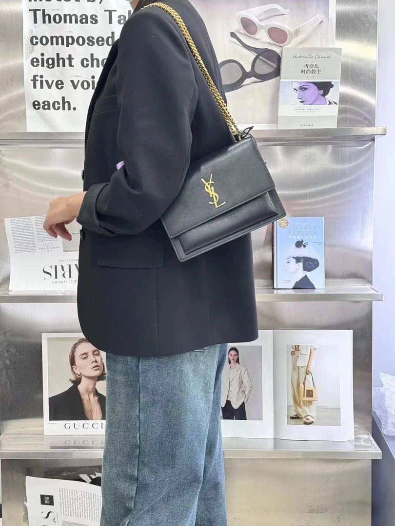 99新 YSL/圣罗兰 ysl日落光面黑金中号单肩斜挎包/无公价/严选