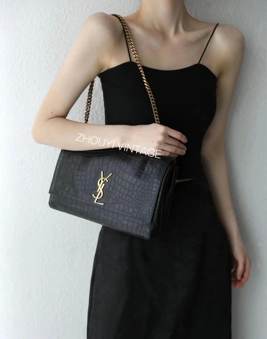 99新 YSL/圣罗兰 ysl双面kate中号黑金鳄压单肩包  /无公价/优品