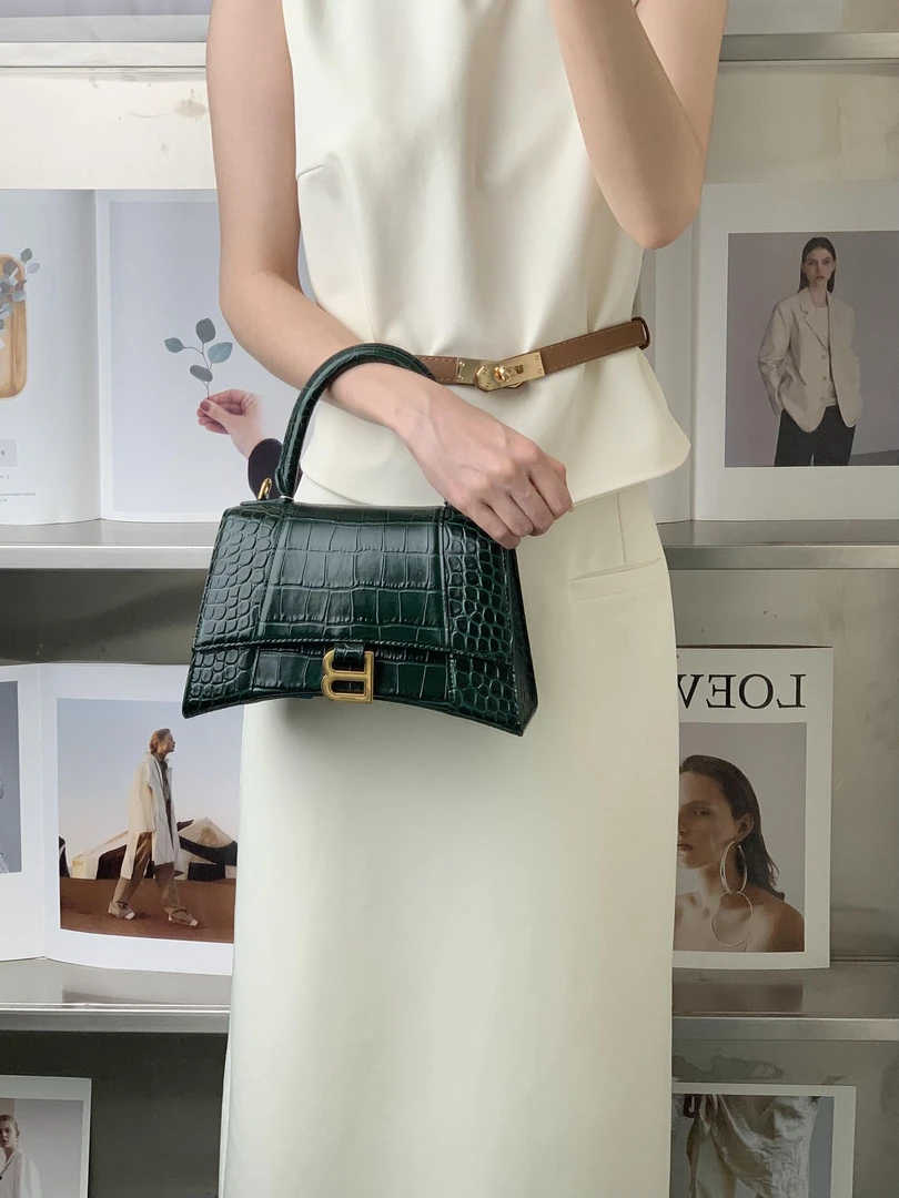 99新 Balenciaga/巴黎世家 沙漏S 墨绿色鳄压包/无公价/甄选