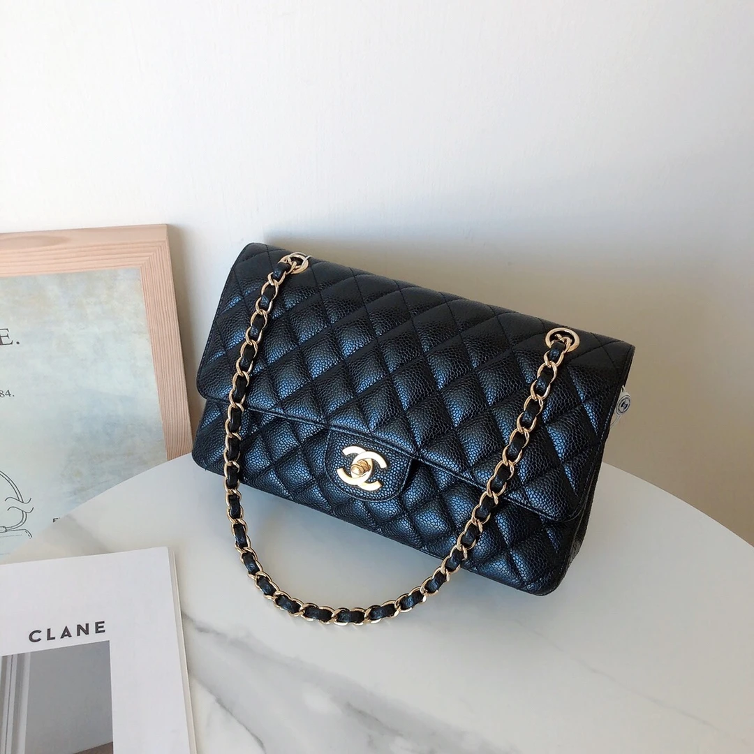 99新 Chanel/香奈儿 香奈儿 cf 黑金中号荔枝纹包/优品