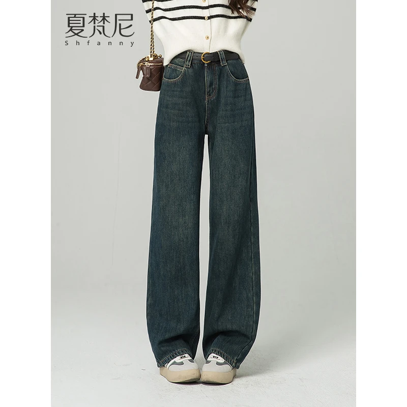 【暖暖裤】夏梵尼反季秋冬新款加绒休闲牛仔裤阔腿裤高腰直筒时尚