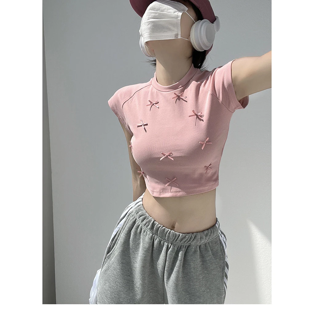 2024辣妹早春辣妹风蝴蝶结短袖潮流上衣圆领芭蕾风短款插肩袖T恤