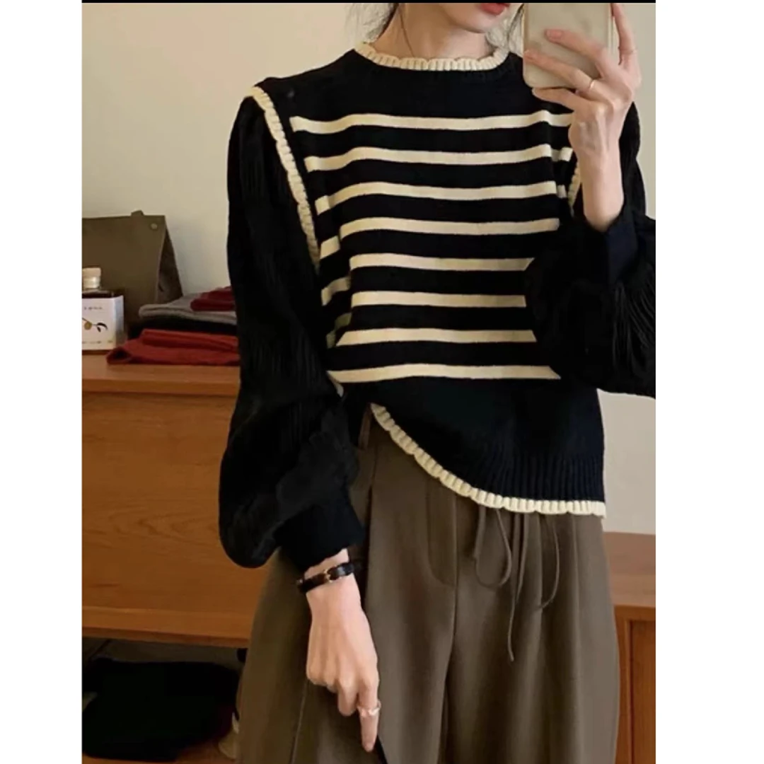 福利--拍下选择对应的编码--条纹百搭长袖拼接显瘦毛衣女