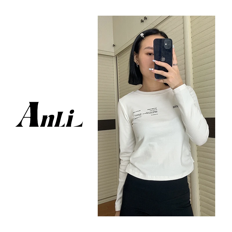 【安利】秋冬新款高弹圆领打底衫女显瘦百搭字母印花长袖T洋气内搭