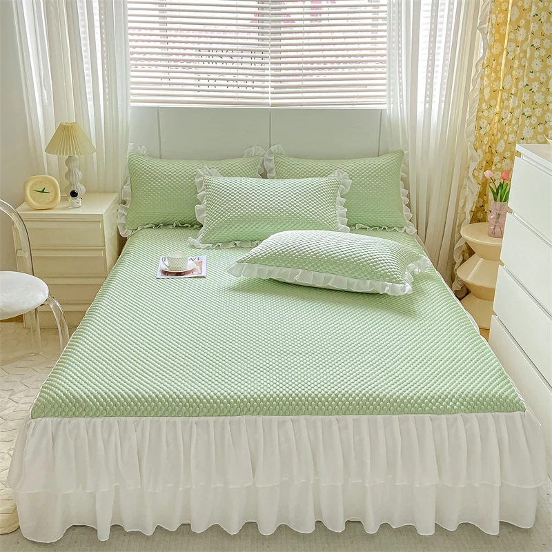 A类夏季冰豆豆冰丝凉席三件套床裙款可水洗可折叠防滑凉席三件套