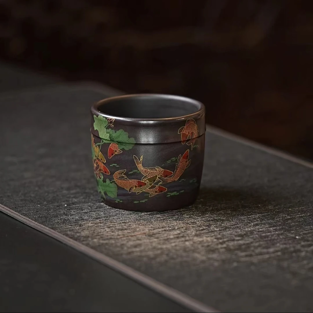 002LY宜兴原矿石黄手绘九鱼呈祥主人杯紫砂