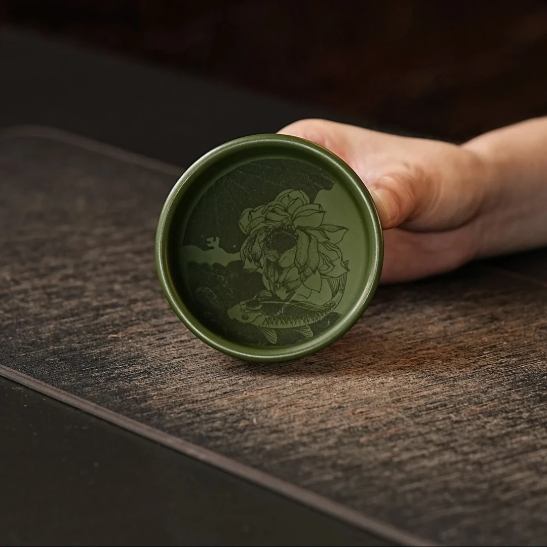 019LY宜兴原矿绿泥刻绘爱莲说主人杯紫砂