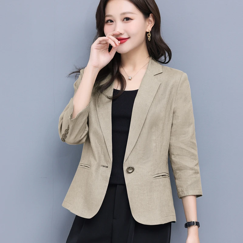 亚麻西装外套女2025年薄款新款修身时尚休闲七分袖棉麻气质小西服