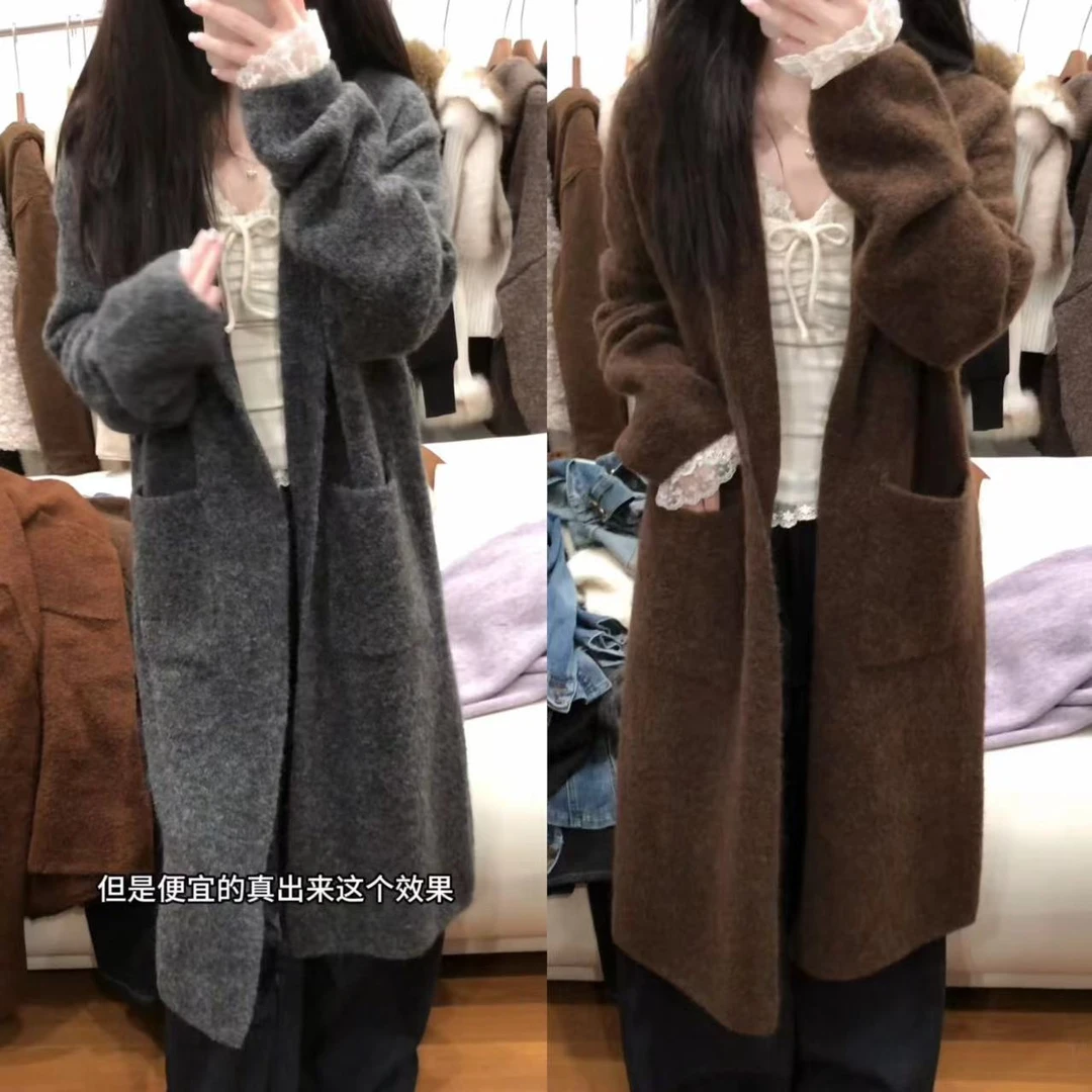 现货2230含羊毛圈圈纱系带浴袍针织衫开衫中长款慵懒风外搭毛衣