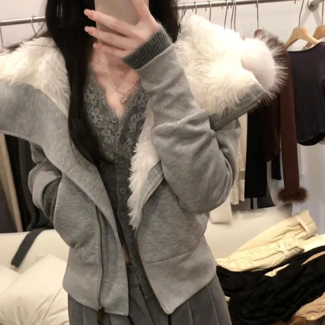 8620可拆卸帽毛领毛绒短款卫衣