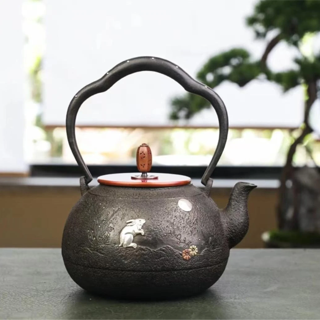 砂铁壶高肉镶嵌玉兔  斑紫铜盖 纯手工1200CC大容量 煮水器