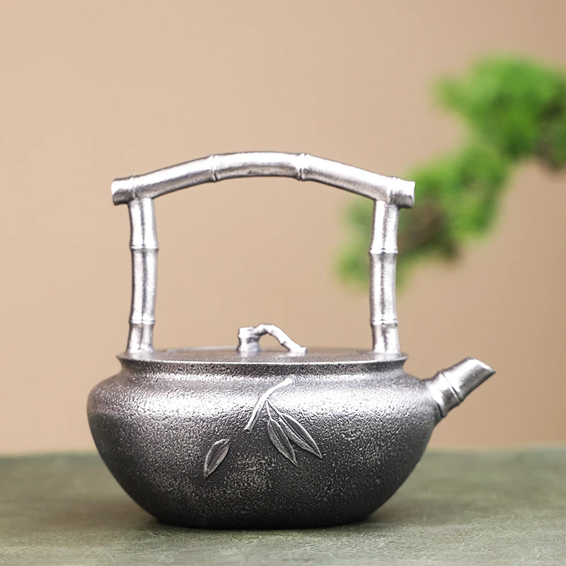 雨宫宗落款砂铁壶全手工砂铁一体竹子900CC煮水器铁壶提梁壶家用