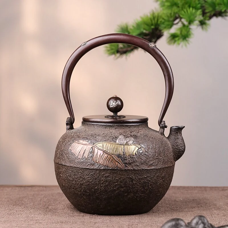 手工高肉镶嵌工艺银芭蕉铁壶  全手工 茶道家用