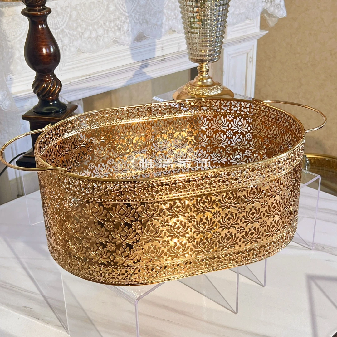 金色轻奢收纳筐摆件手提篮子大号镂空花边家用置物金属收纳筐